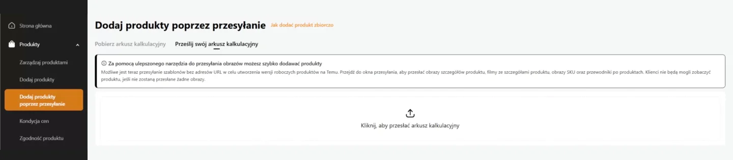 Dodawanie produktów poprzez przesyłanie pliku w Temu